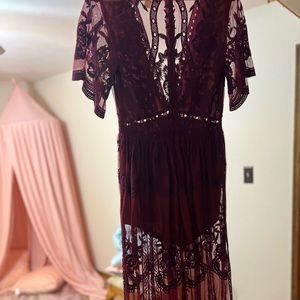 Super fun, lace mini dress/romper with overlay.